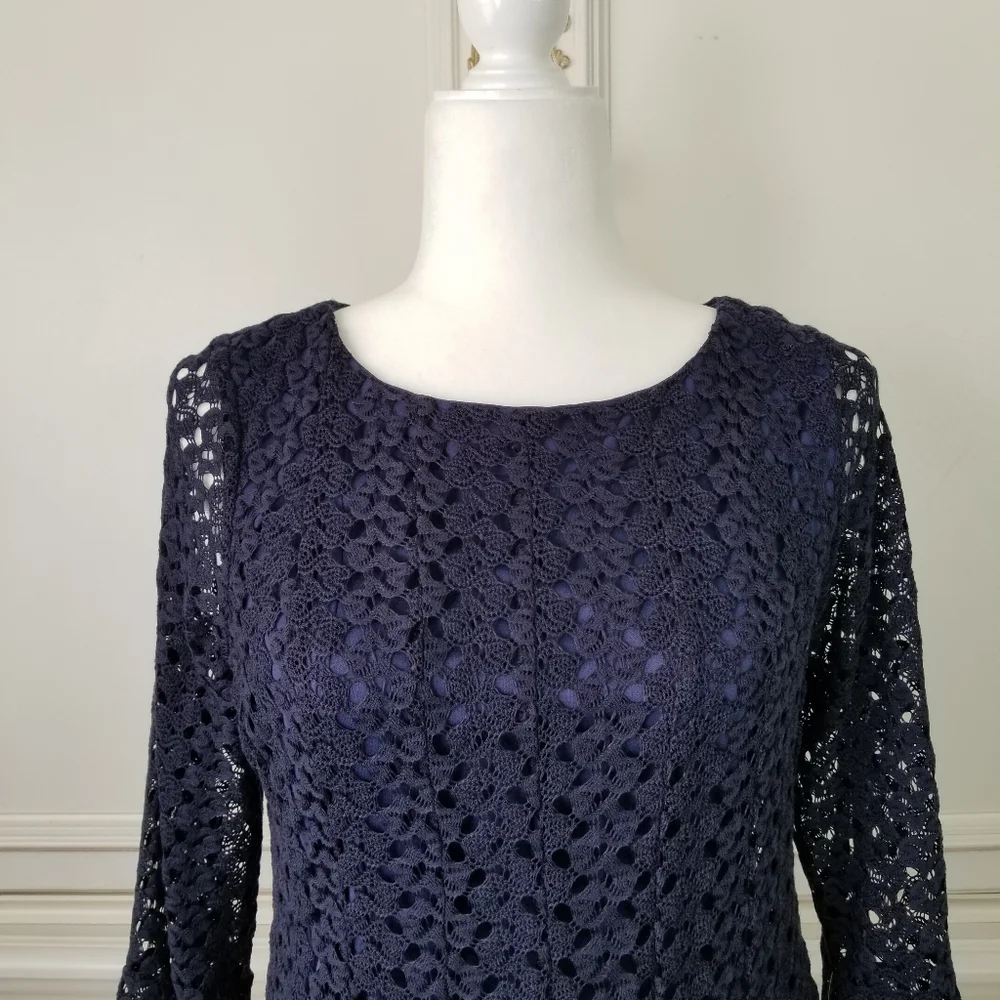 Roz And Ali Blue Crochet Lace 3/4 Bell Sleeve Knee Length Lined Dress 6 NWT